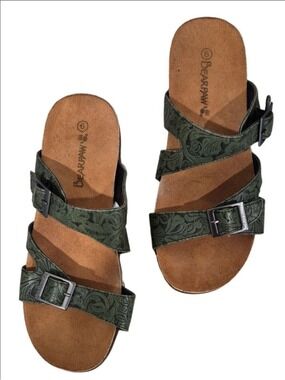Bearpaw Olive Green Embossed Tooled Leather Double Strap Slide Sandals